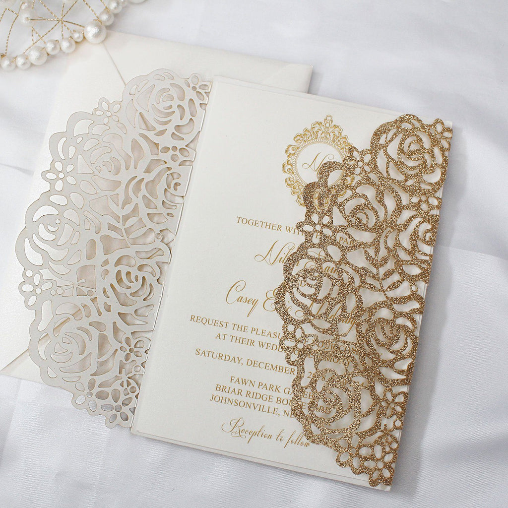 Gold Glitter Rose Wedding Invitation Picky Bride
