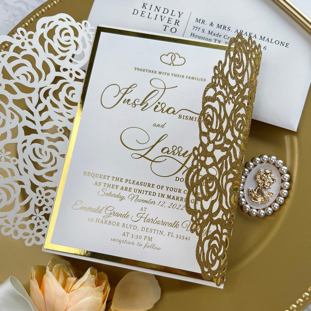 Gold Glitter Rose Wedding Invitations, Luxury Foil Gold Wedding Invitation with Laser Cut Gate Wedding Ceremony Supplies Picky Bride