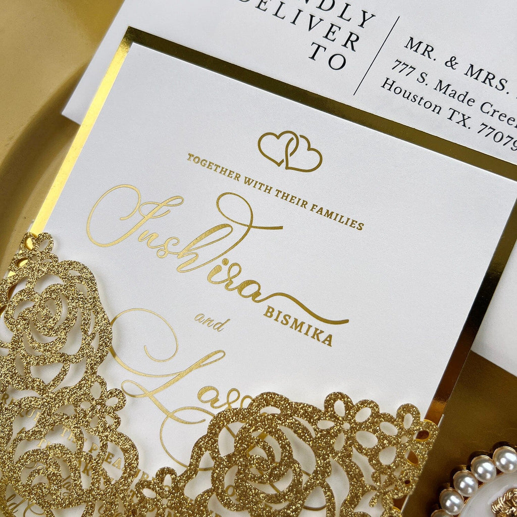 Gold Glitter Rose Wedding Invitations, Luxury Foil Gold Wedding Invitation with Laser Cut Gate Wedding Ceremony Supplies Picky Bride