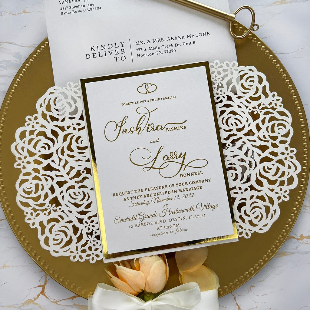 Gold Glitter Rose Wedding Invitations, Luxury Foil Gold Wedding Invitation with Laser Cut Gate Wedding Ceremony Supplies Picky Bride