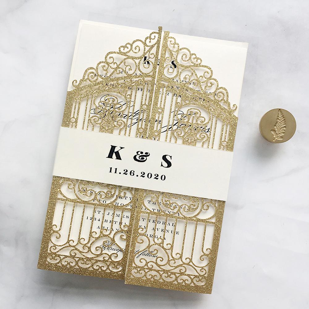 Gold Glitter Wedding Invitation Laser Cutting Invitations Gate Wedding Cards Picky Bride