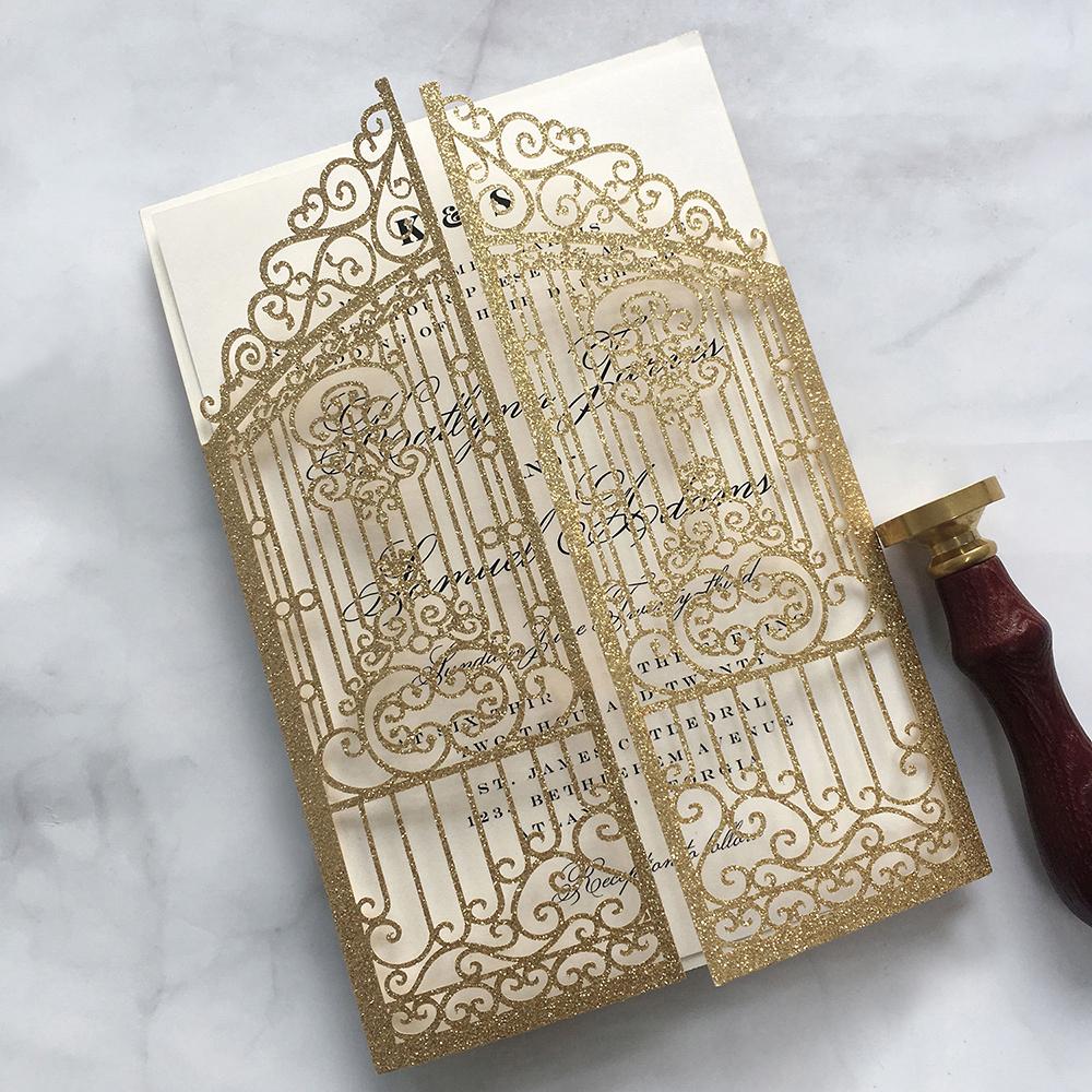 Gold Glitter Wedding Invitation Laser Cutting Invitations Gate Wedding Cards Picky Bride