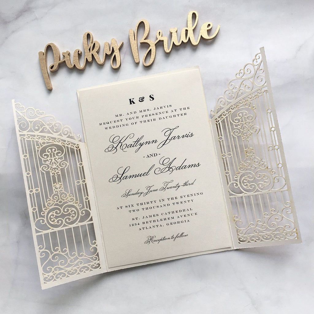 Gold Glitter Wedding Invitation Laser Cutting Invitations Gate Wedding Cards Picky Bride