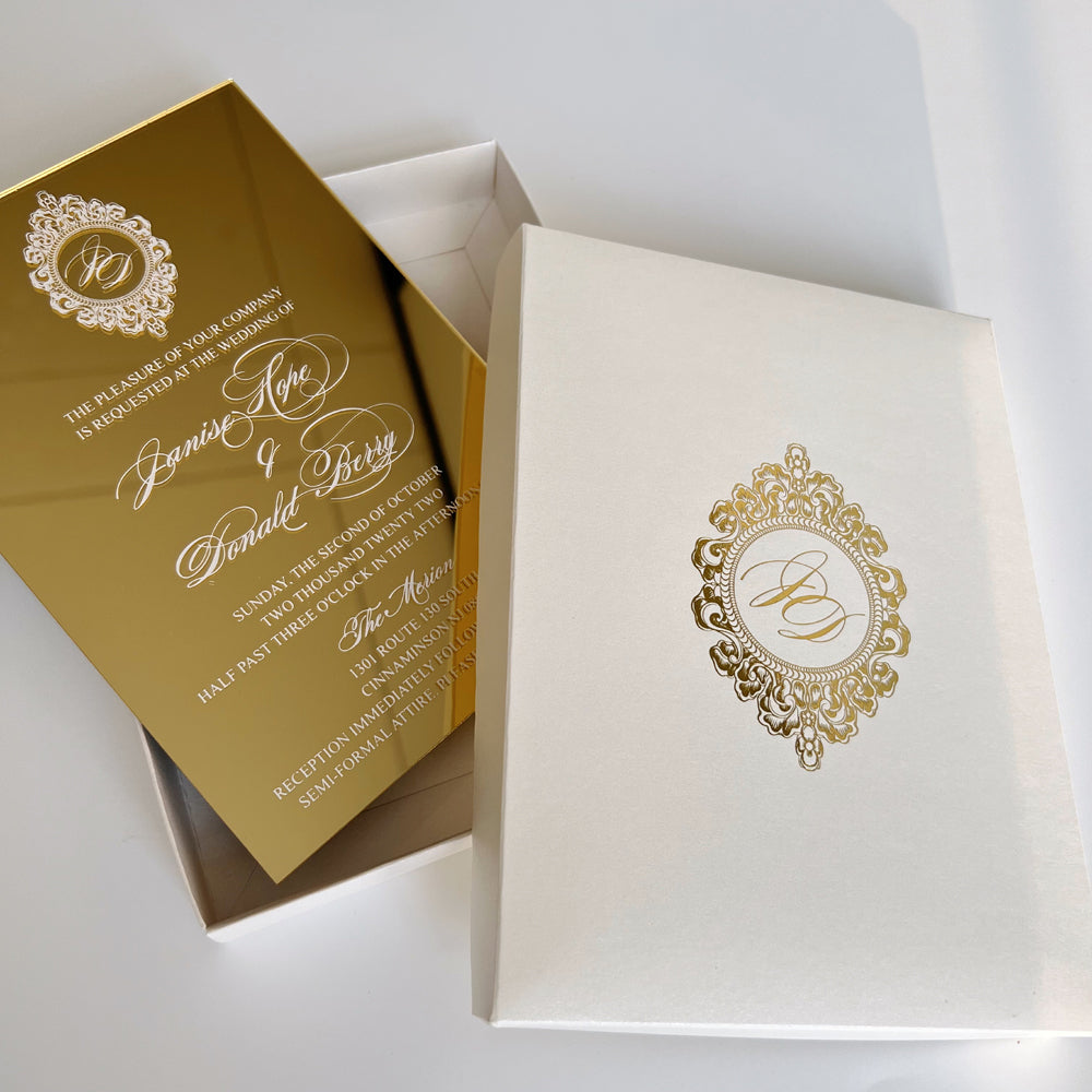 Gold Mirror Box Wedding Invitations, Customized Gold Foil Printing Box Wedding Ceremony Supplies Picky Bride 