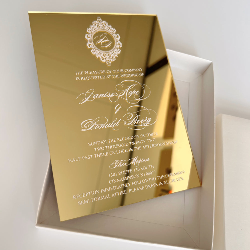 Gold Mirror Box Wedding Invitations, Customized Gold Foil Printing Box Wedding Ceremony Supplies Picky Bride 