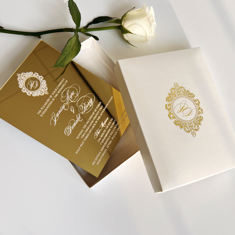 Gold Mirror Box Wedding Invitations, Customized Gold Foil Printing Box Wedding Ceremony Supplies Picky Bride