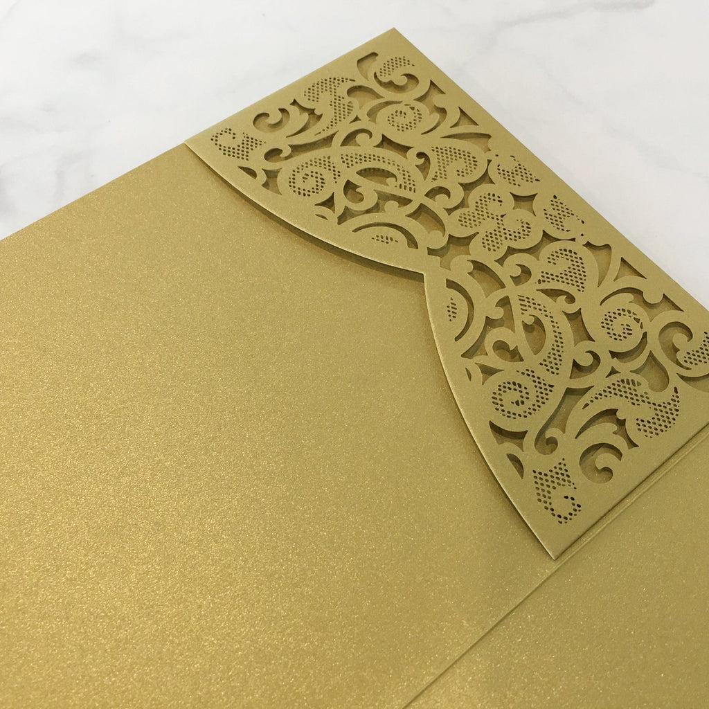 Gold Pocket Wedding Invitations Luxury Laser Cut Invitation Wedding Cards With RSVP Cards Picky Bride