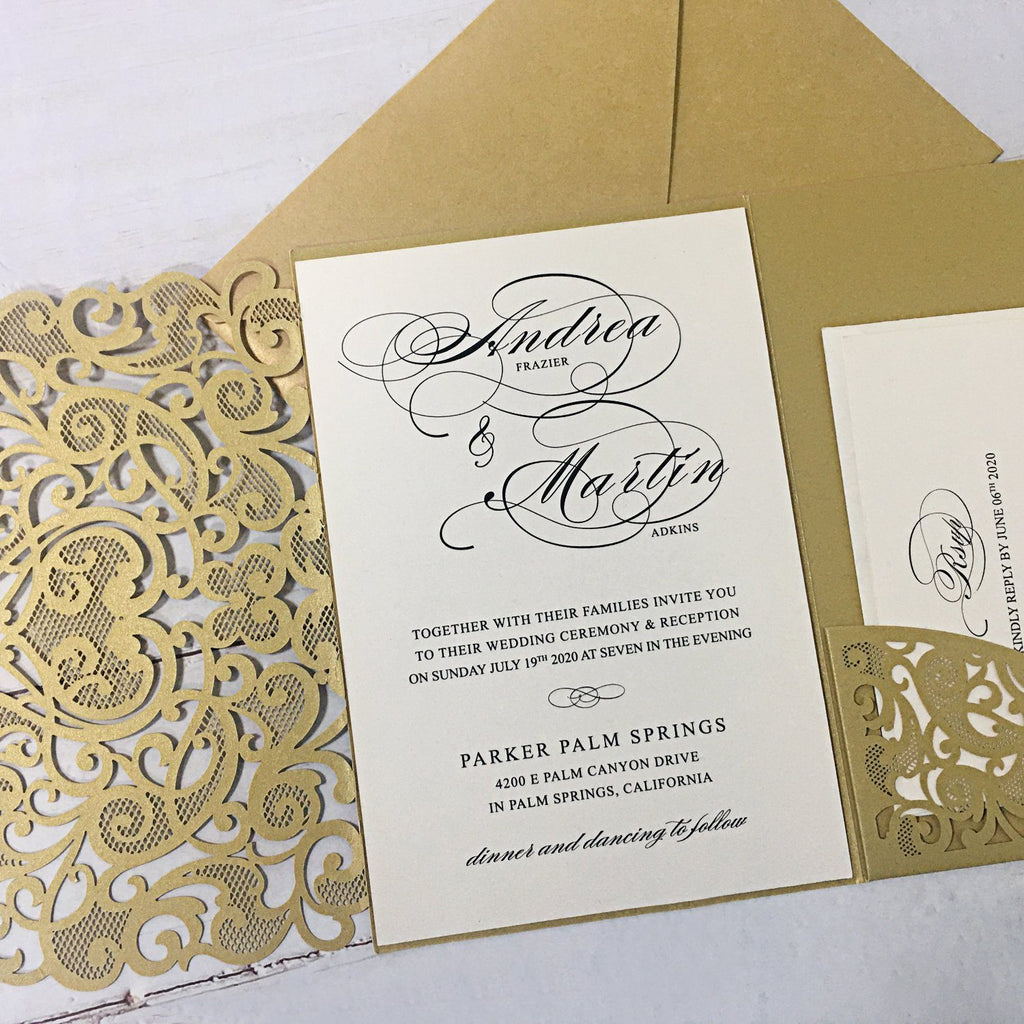 Gold Pocket Wedding Invitations Luxury Laser Cut Invitation Wedding Cards With RSVP Cards Picky Bride