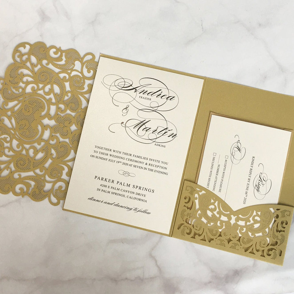 Gold Pocket Wedding Invitations Luxury Laser Cut Invitation Wedding Cards With RSVP Cards Picky Bride
