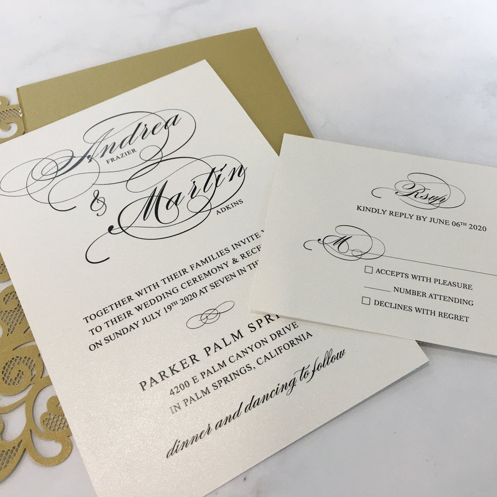 Gold Pocket Wedding Invitations Luxury Laser Cut Invitation Wedding Cards With RSVP Cards Picky Bride