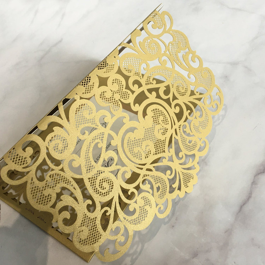 Gold Pocket Wedding Invitations Luxury Laser Cut Invitation Wedding Cards With RSVP Cards Picky Bride