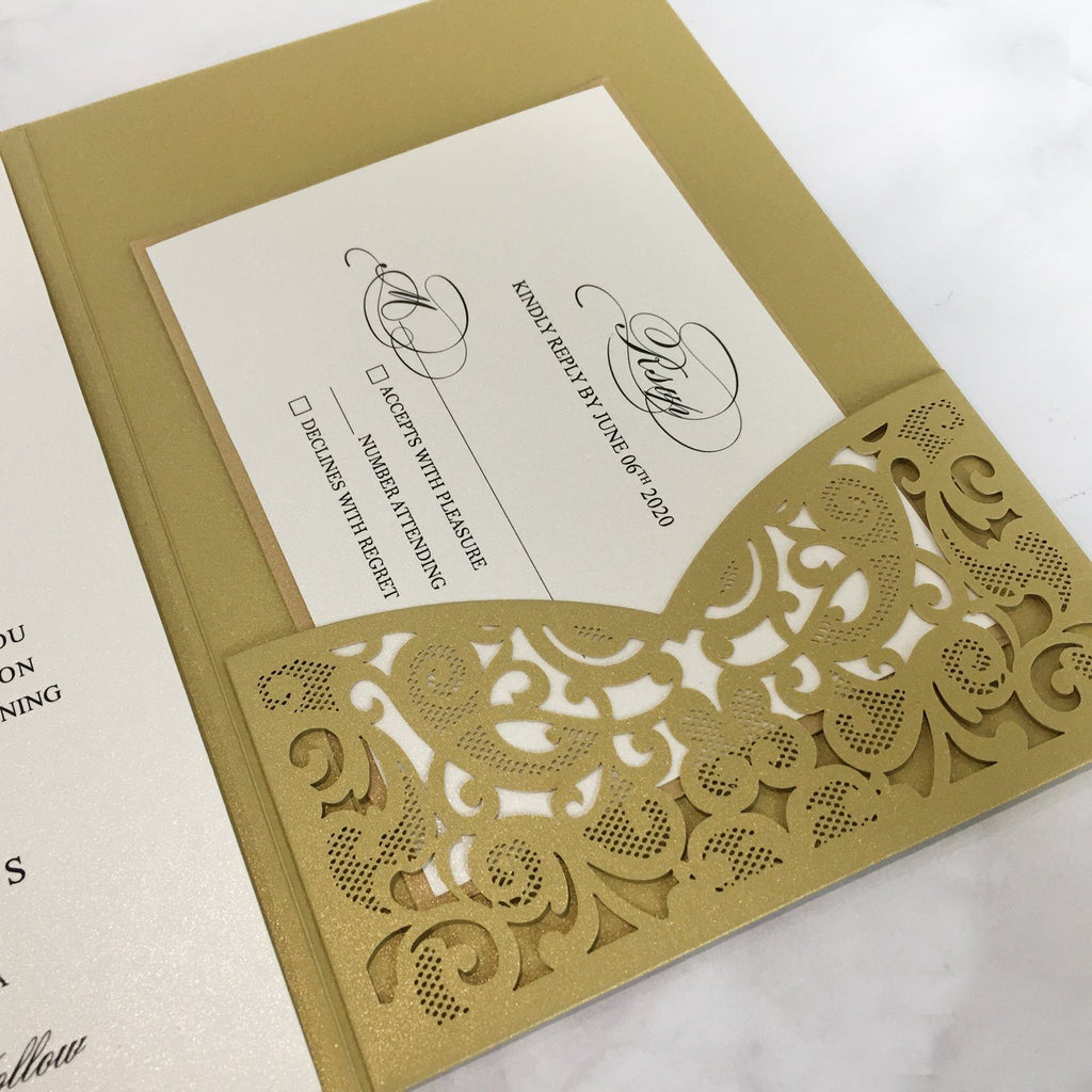 Gold Pocket Wedding Invitations Luxury Laser Cut Invitation Wedding Cards With RSVP Cards Picky Bride