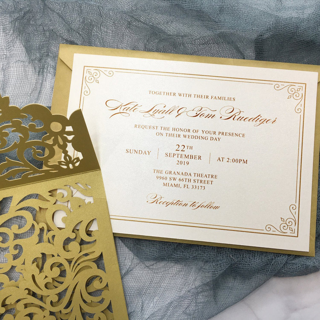 Gold Pocket Wedding Invitations Suite Elegant Laser Cut Invitation Wedding Cards Picky Bride