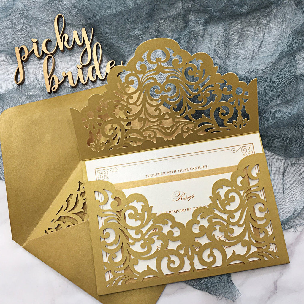 Gold Pocket Wedding Invitations Suite Elegant Laser Cut Invitation Wedding Cards Picky Bride