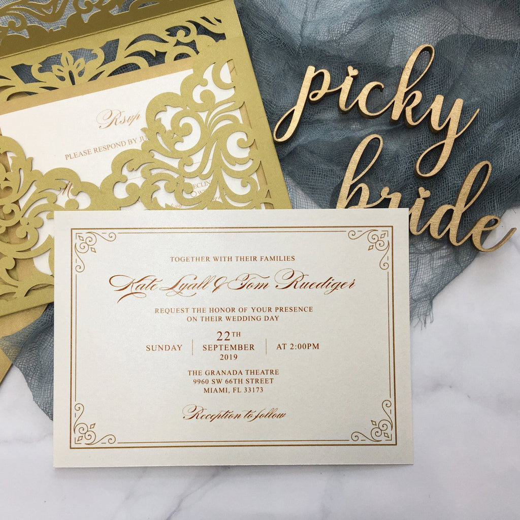 Gold Pocket Wedding Invitations Suite Elegant Laser Cut Invitation Wedding Cards Picky Bride