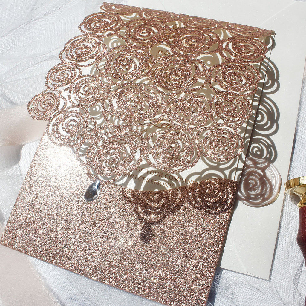 Gold Rose Wedding Invitations, Lace Wedding Invitation Card Picky Bride
