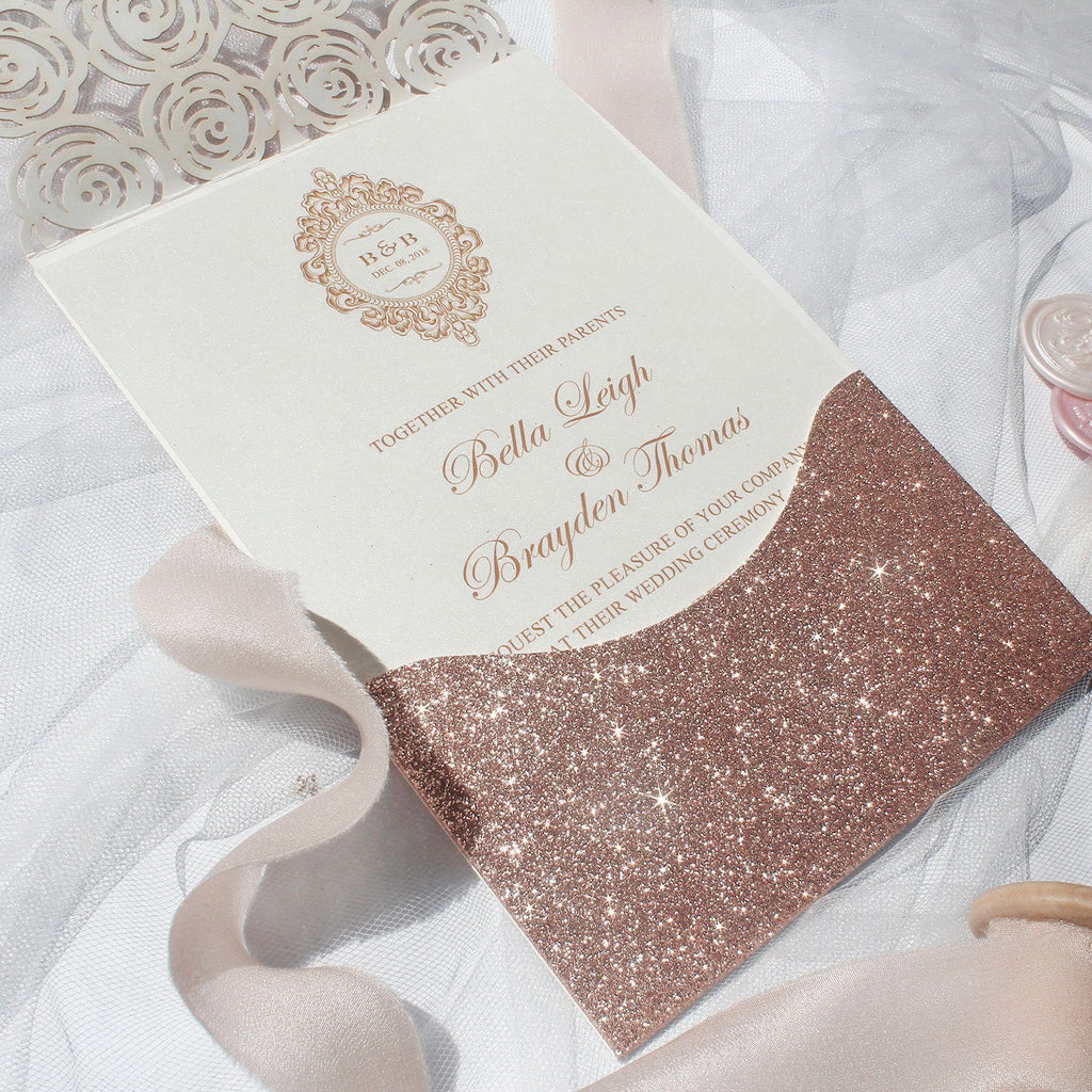 Gold Rose Wedding Invitations, Lace Wedding Invitation Card Picky Bride