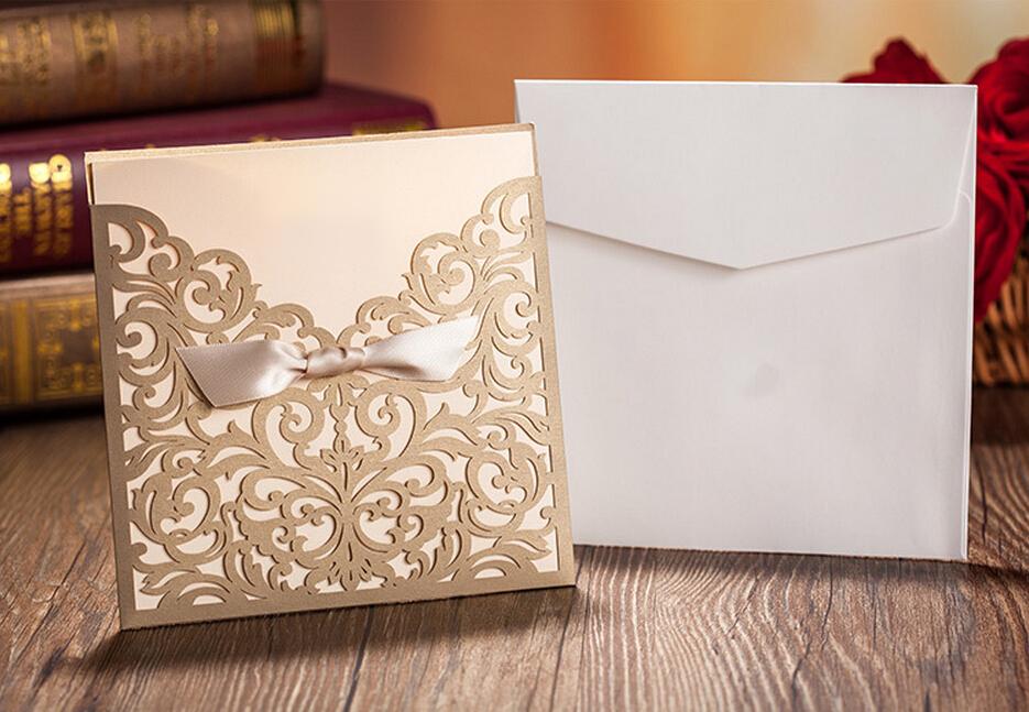 Gold Wedding Invitation, Pocket Wedding Invitation - Set of 50pcs Picky Bride