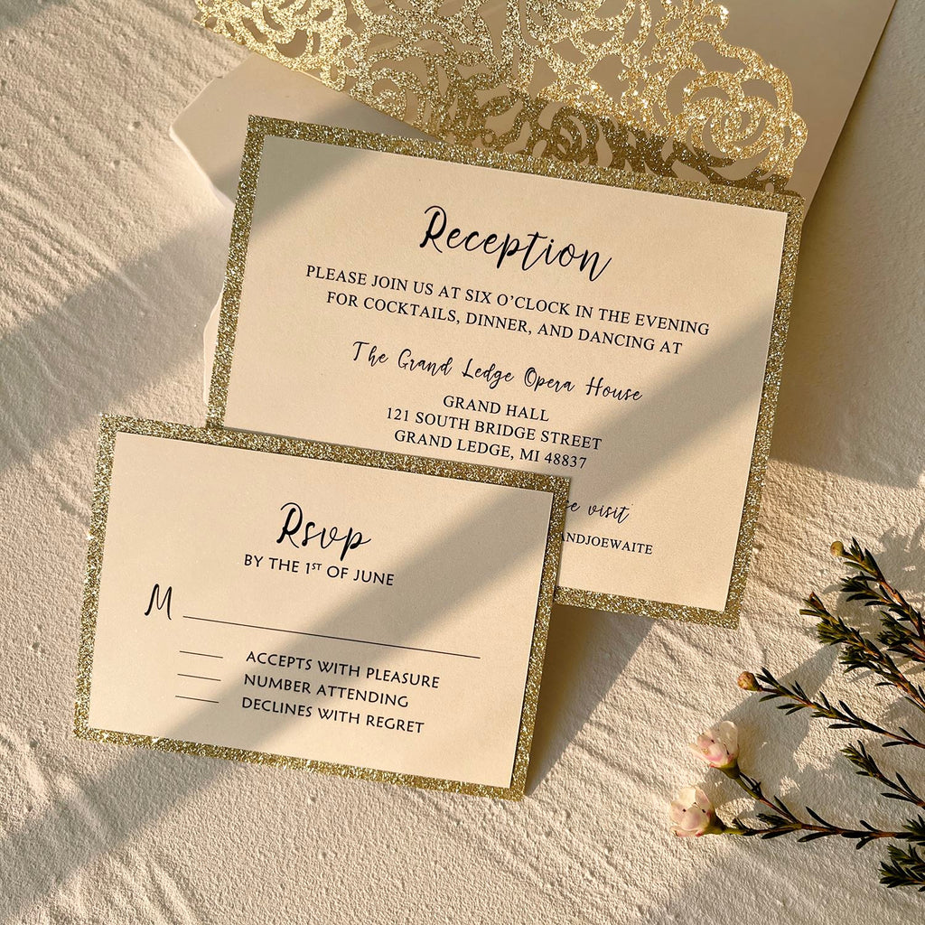 Gold Wedding Invitation Suite, Champagne Glitter Rose Invites, Luxury Reception Invitations with RSVP Picky Bride