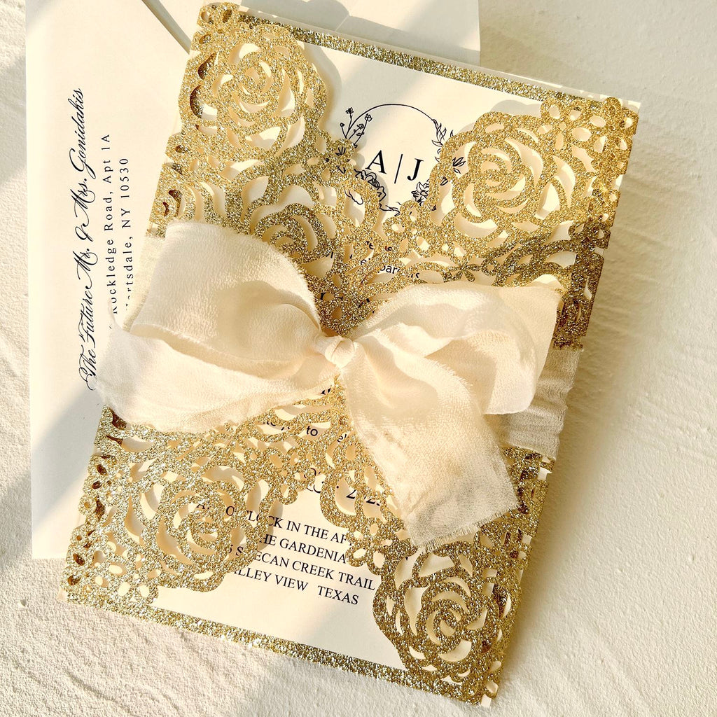 Gold Wedding Invitation Suite, Champagne Glitter Rose Invites, Luxury Reception Invitations with RSVP Picky Bride