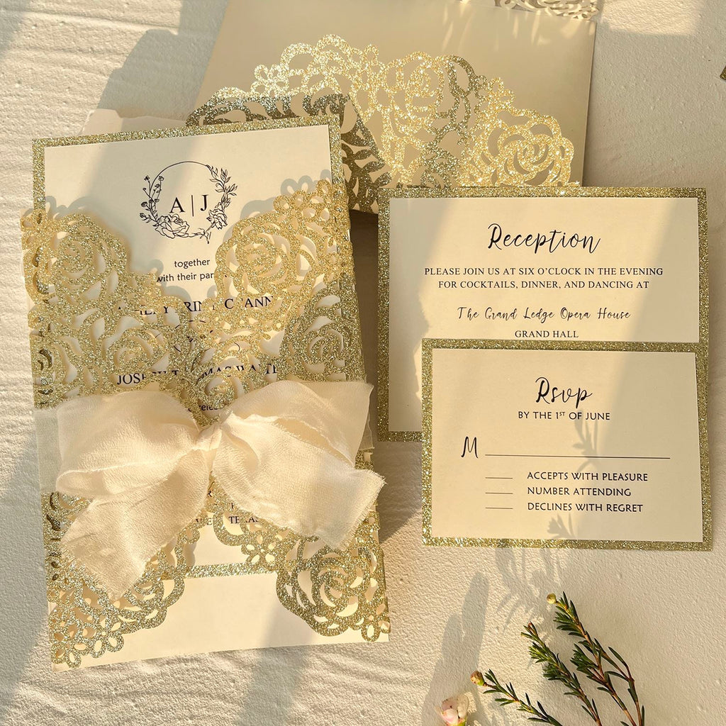 Gold Wedding Invitation Suite, Champagne Glitter Rose Invites, Luxury Reception Invitations with RSVP Picky Bride