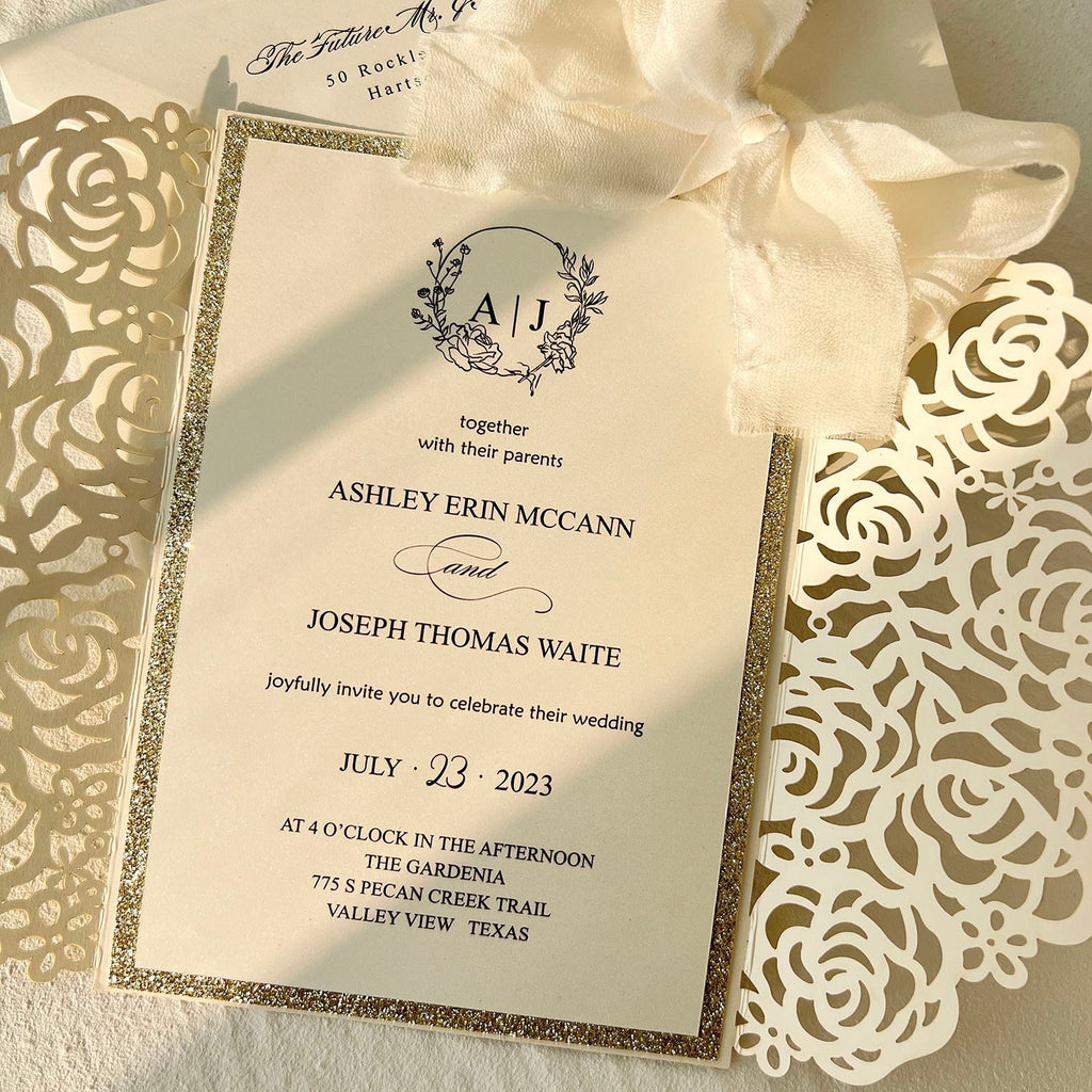 Gold Wedding Invitation Suite, Champagne Glitter Rose Invites, Luxury Reception Invitations with RSVP Picky Bride 