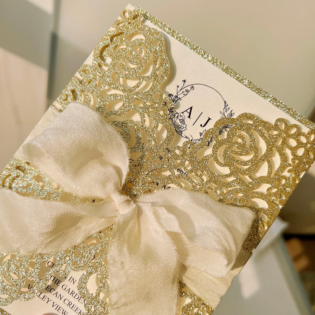 Gold Wedding Invitation Suite, Champagne Glitter Rose Invites, Luxury Reception Invitations with RSVP Picky Bride
