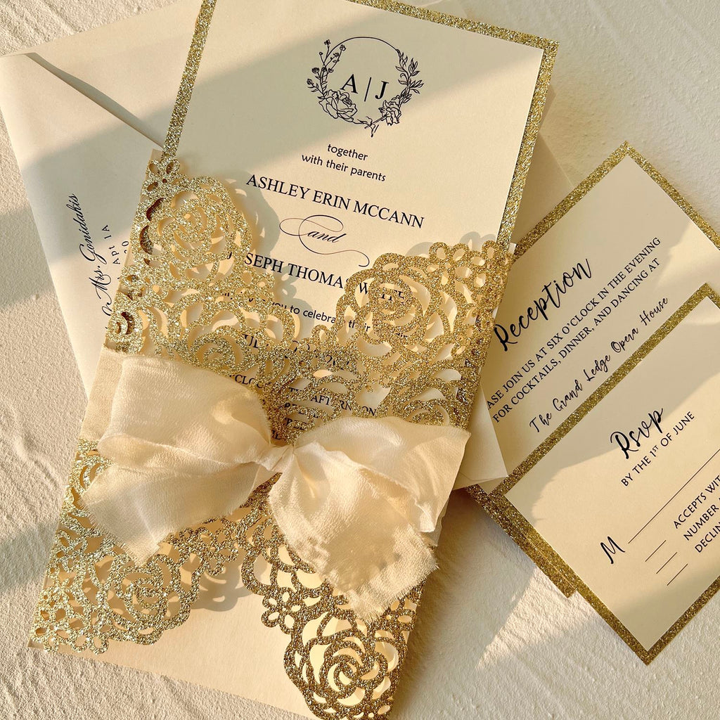 Gold Wedding Invitation Suite, Champagne Glitter Rose Invites, Luxury Reception Invitations with RSVP Picky Bride