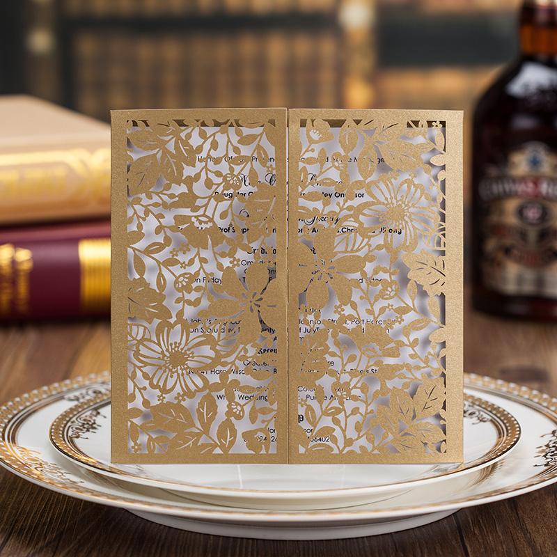 Golden Gate-fold Wedding Invitations; Gold Lace Wedding Invitation Cards - Set of 50pcs Picky Bride