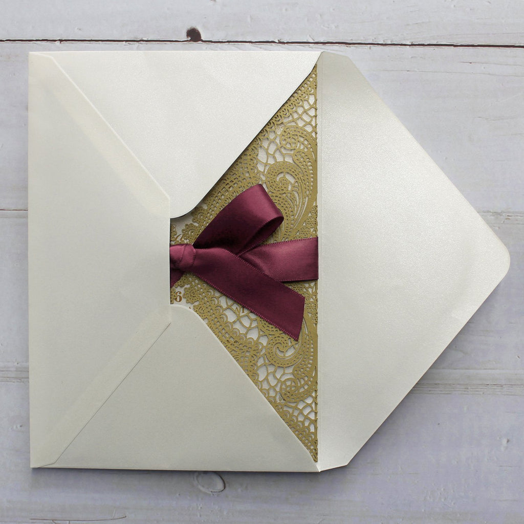 Golden Lace Wedding Invitation Cards with Burgundy Ribbon Bow and RSVP Cards Picky Bride