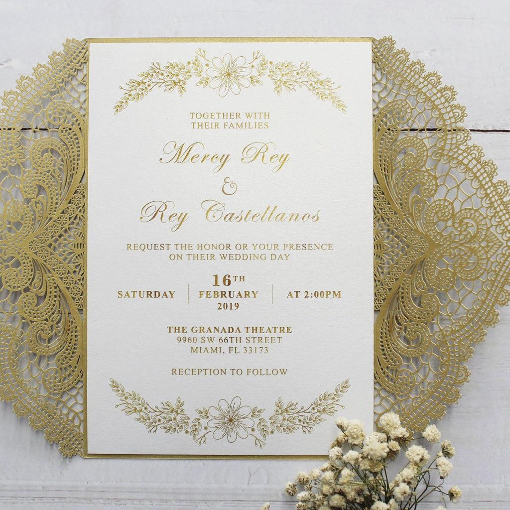 Golden Lace Wedding Invitation Cards with Burgundy Ribbon Bow and RSVP Cards Picky Bride