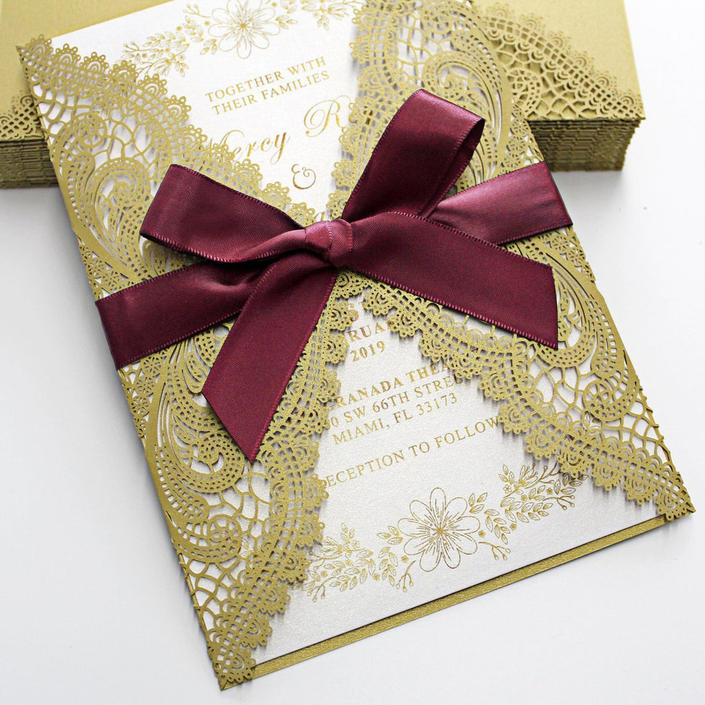 Golden Lace Wedding Invitation Cards with Burgundy Ribbon Bow and RSVP Cards Picky Bride