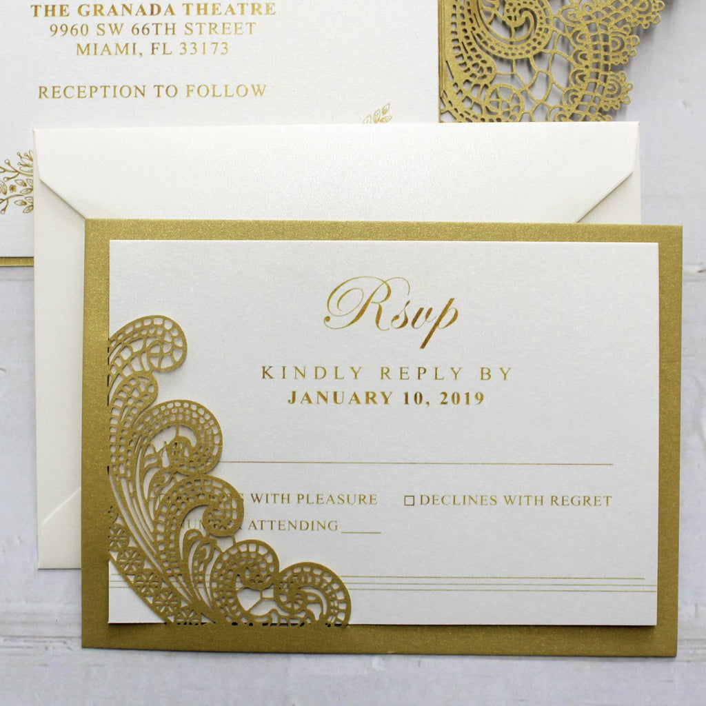 Golden Lace Wedding Invitation Cards with Burgundy Ribbon Bow and RSVP Cards Picky Bride