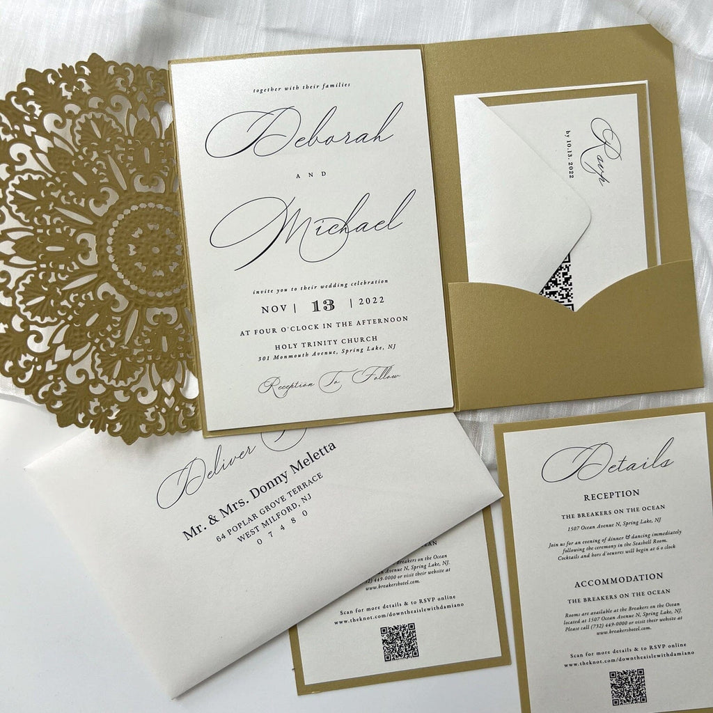 Golden Pocket Wedding Invitations with QR Code RSVP Cards, Tri-Fold Modern Calligraphy Invites, Detail Card Wedding Ceremony Supplies Picky Bride