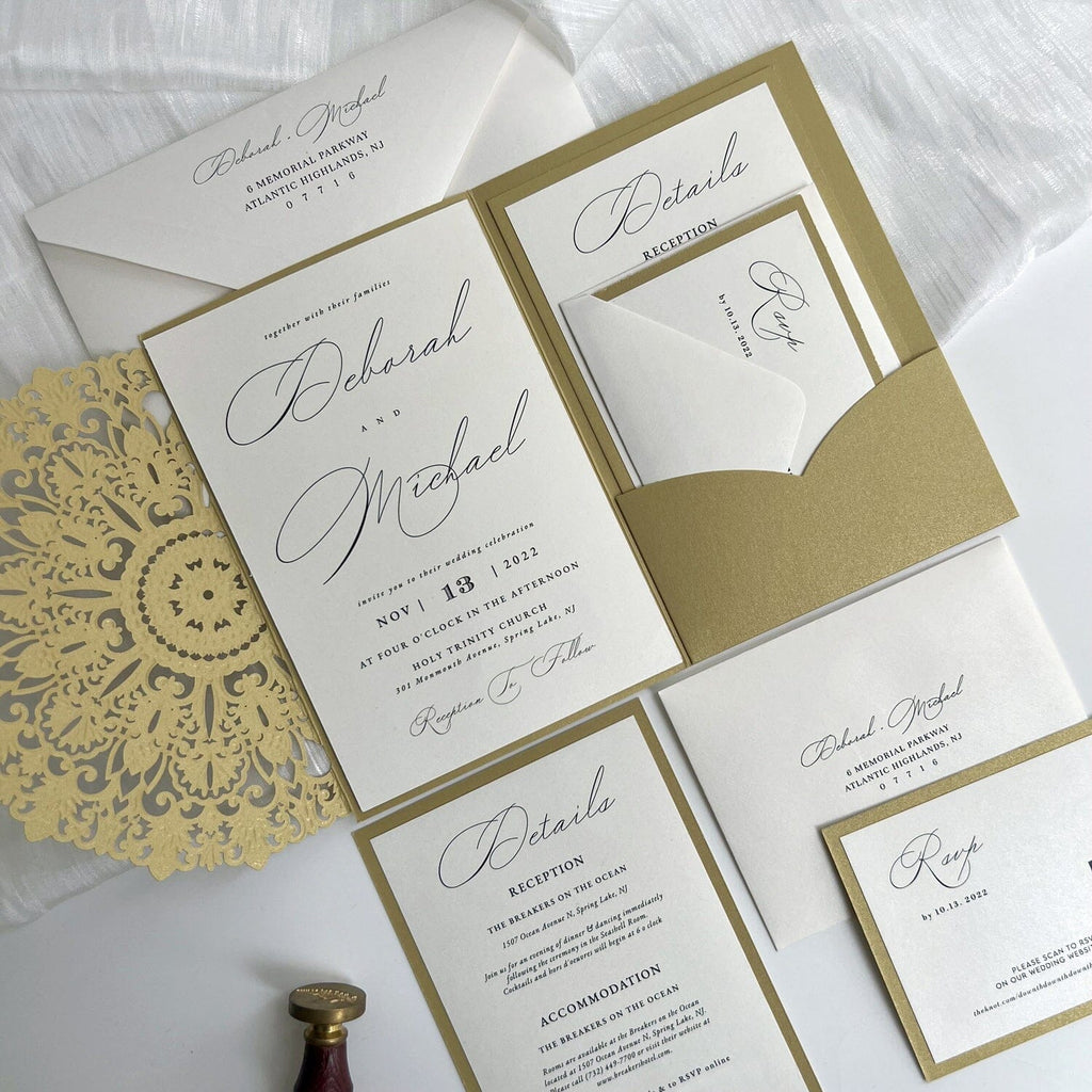 Golden Pocket Wedding Invitations with QR Code RSVP Cards, Tri-Fold Modern Calligraphy Invites, Detail Card Wedding Ceremony Supplies Picky Bride