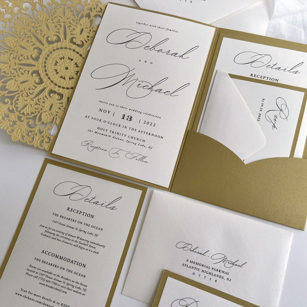 Golden Pocket Wedding Invitations with QR Code RSVP Cards, Tri-Fold Modern Calligraphy Invites, Detail Card Wedding Ceremony Supplies Picky Bride
