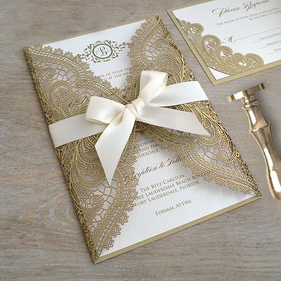 Golden Wedding Invitations Cards with RSVP Cards, Elegant Lace Invitation Cards Picky Bride