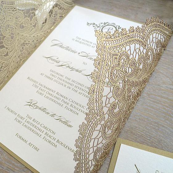 Golden Wedding Invitations Cards with RSVP Cards, Elegant Lace Invitation Cards Picky Bride