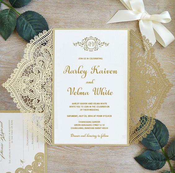 Golden Wedding Invitations Cards with RSVP Cards, Elegant Lace Invitation Cards Picky Bride