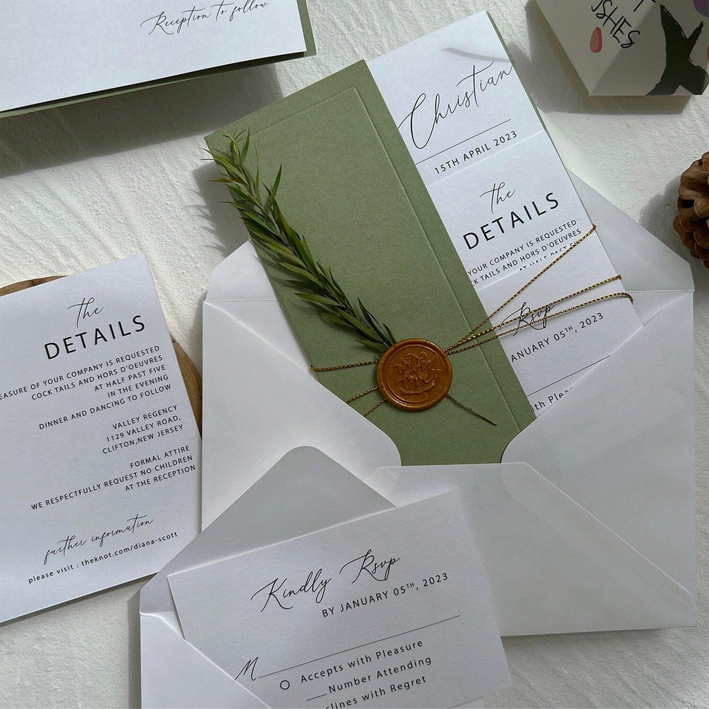 Greenery Wedding Invitations with Wax Seal, Forest Green Wedding Theme, Calligraphy Wedding Cards and RSVP Card, Details Card Wedding Ceremony Supplies Picky Bride