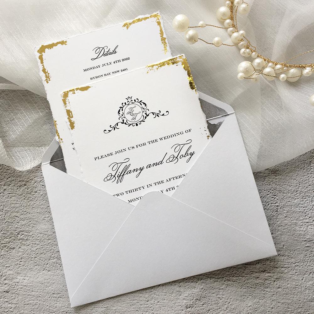 Handmade Gold Deckled Edge Wedding Invitations with Lining Envelopes Wedding Ceremony Supplies Picky Bride 