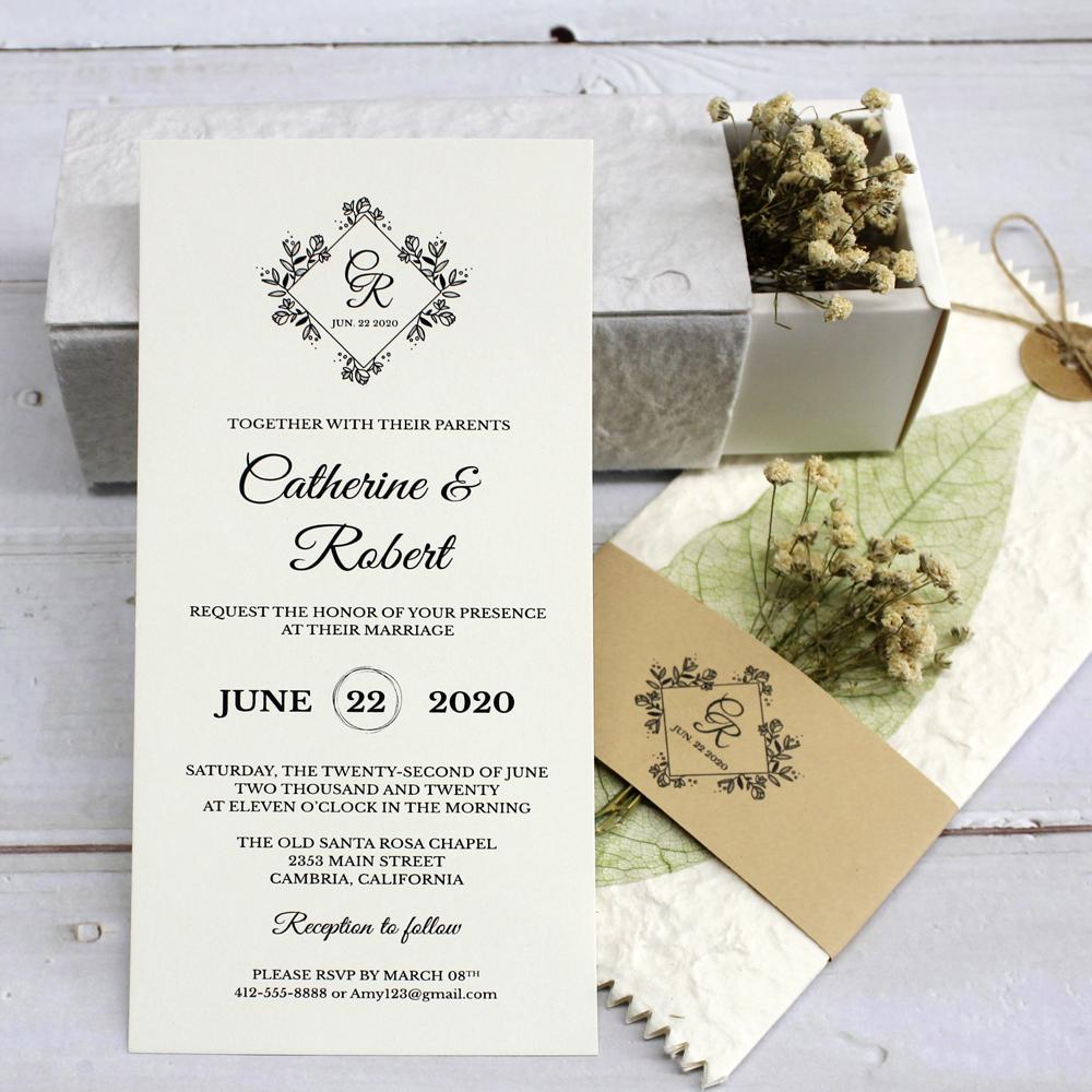 Handmade Green Leaf Wedding Invitations Personalized with Babysbreath Flower Picky Bride