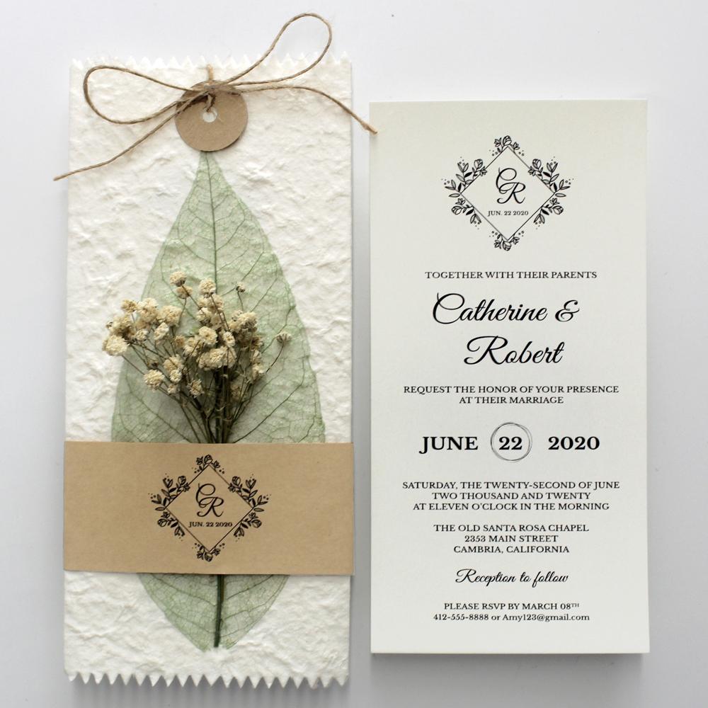 Handmade Green Leaf Wedding Invitations Personalized with Babysbreath Flower Picky Bride 