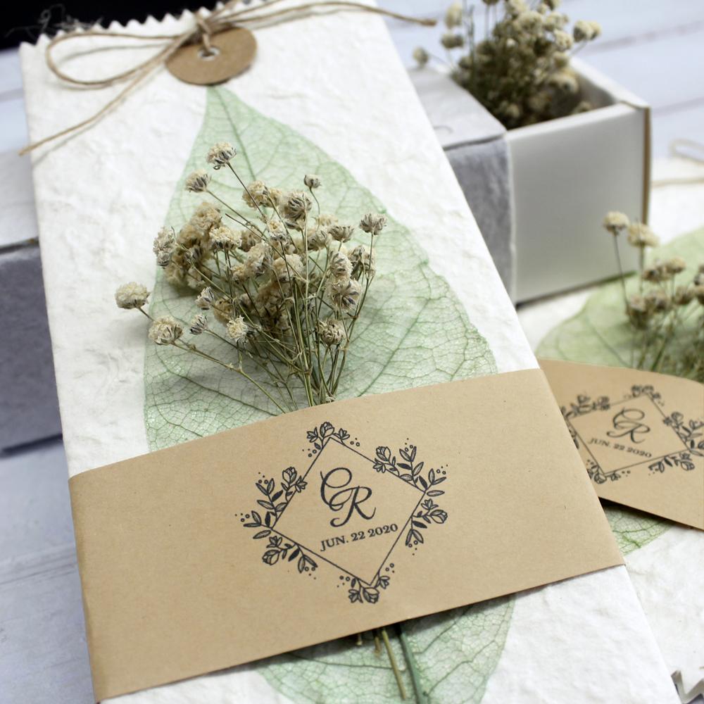 Handmade Green Leaf Wedding Invitations Personalized with Babysbreath Flower Picky Bride 