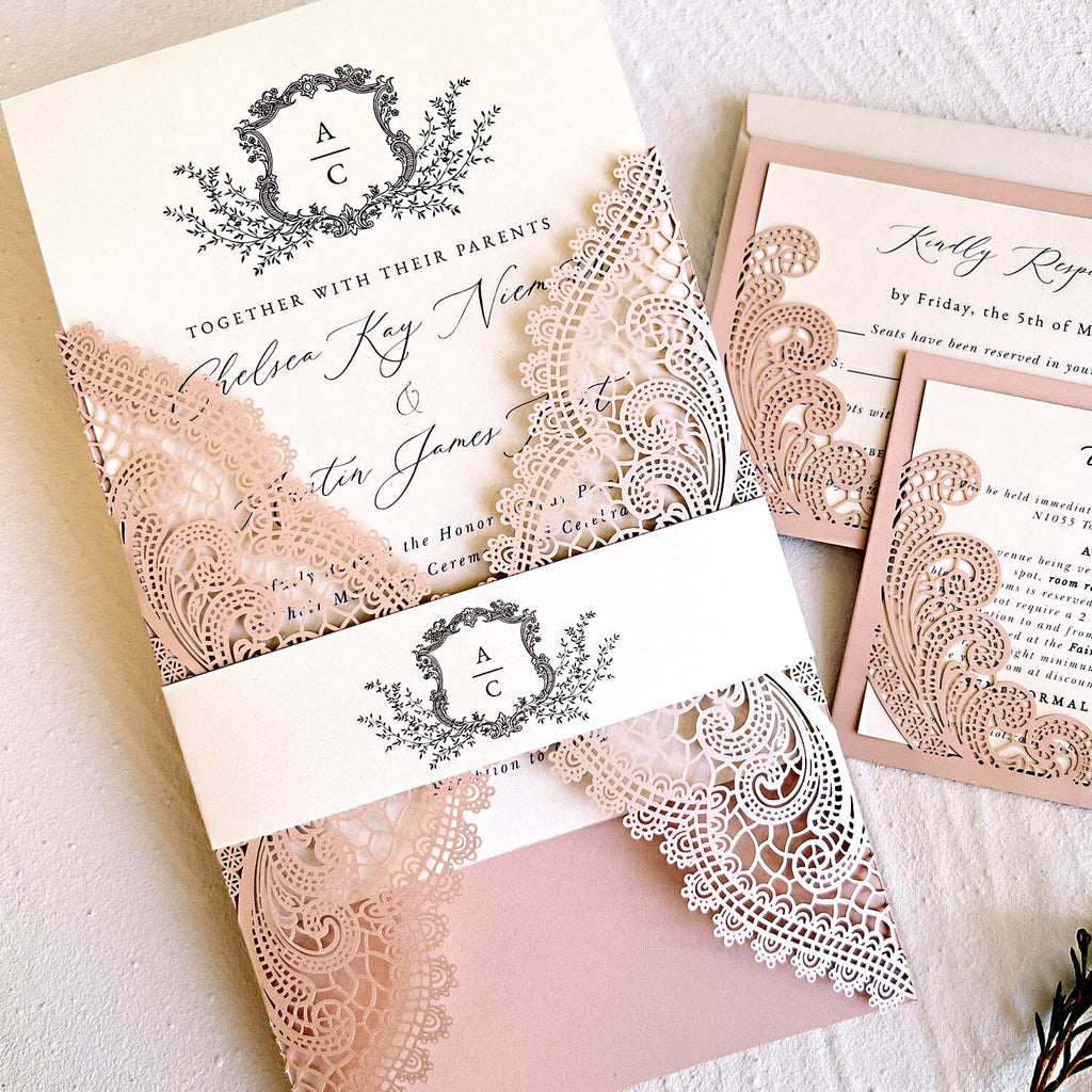 Ivory and Blush Pink Wedding Invitations Suite, Elegant Pale Pink Wedding Cards and RSVP Card, Laser Cut Details Cards Wedding Ceremony Supplies Picky Bride
