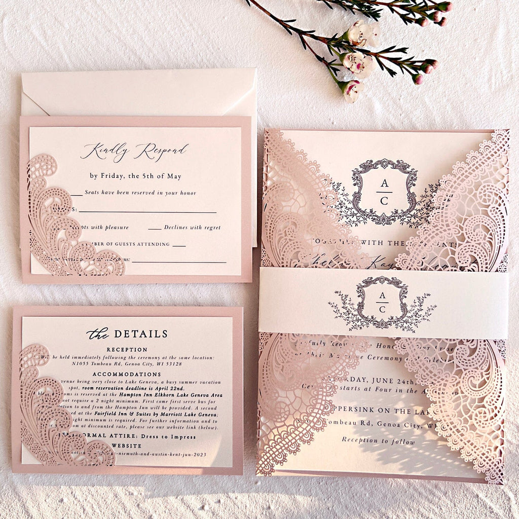 Ivory and Blush Pink Wedding Invitations Suite, Elegant Pale Pink Wedding Cards and RSVP Card, Laser Cut Details Cards Wedding Ceremony Supplies Picky Bride
