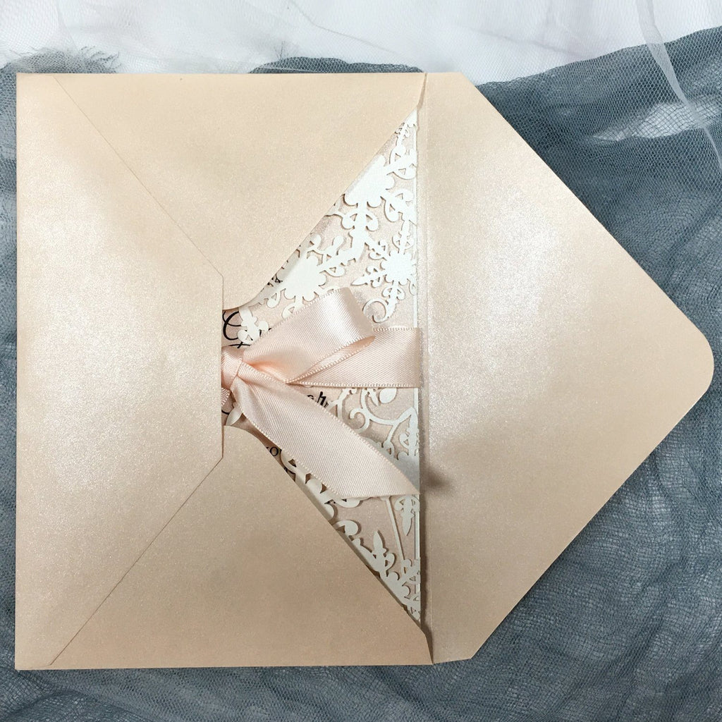 Ivory Lace Laser Cut Wedding Invitations with Blush Pink Shimmer Insert Picky Bride