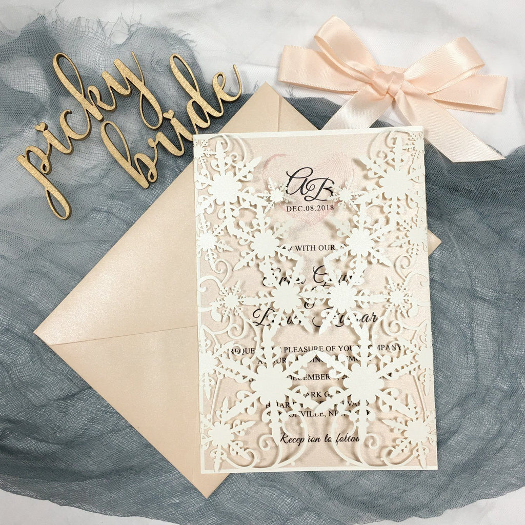 Ivory Lace Laser Cut Wedding Invitations with Blush Pink Shimmer Insert Picky Bride