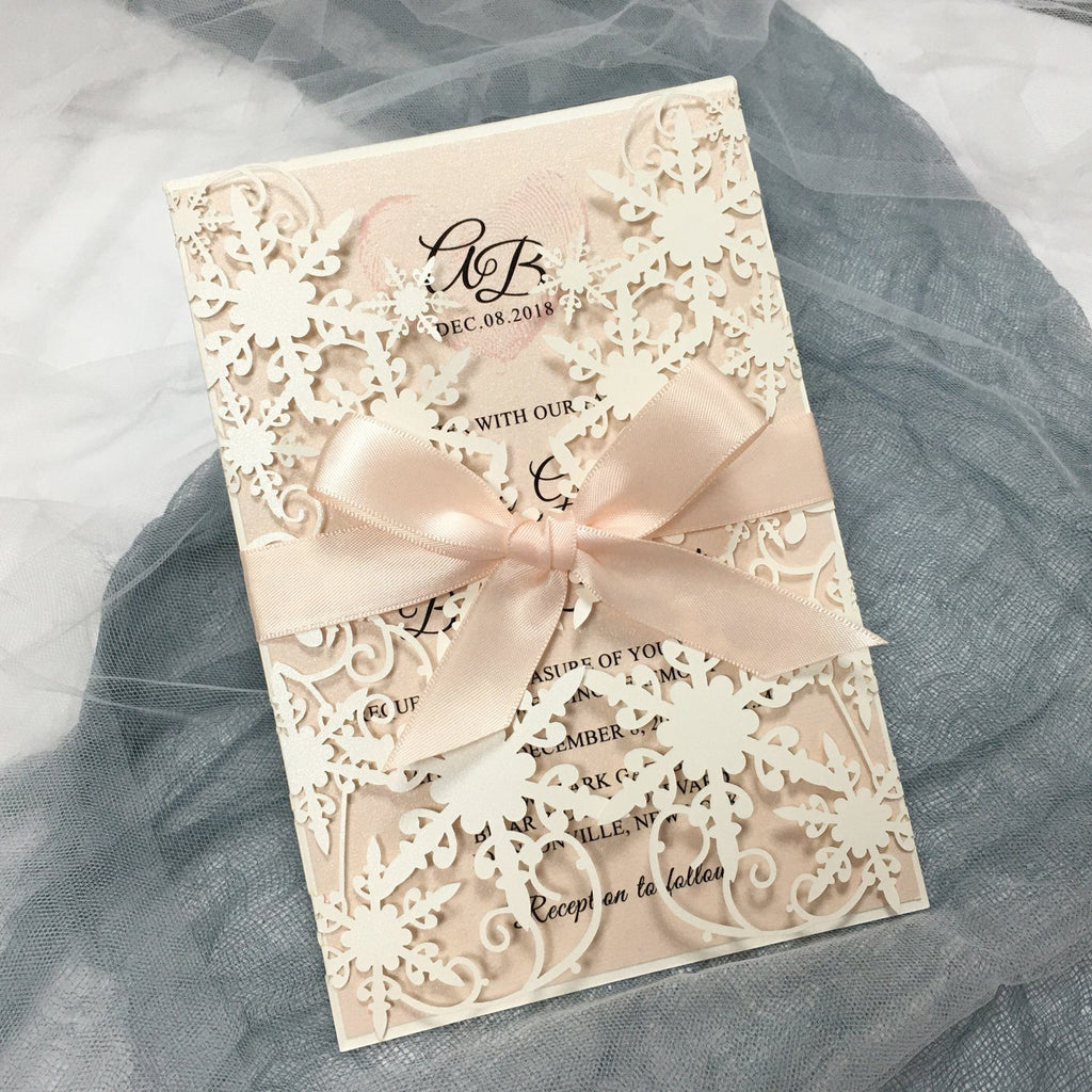 Ivory Lace Laser Cut Wedding Invitations with Blush Pink Shimmer Insert Picky Bride