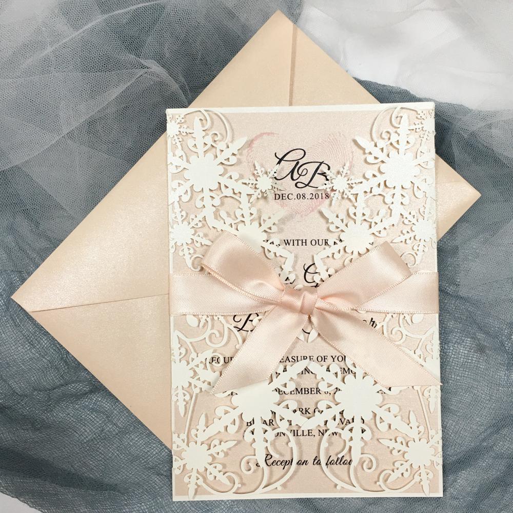 Ivory Lace Laser Cut Wedding Invitations with Blush Pink Shimmer Insert Picky Bride